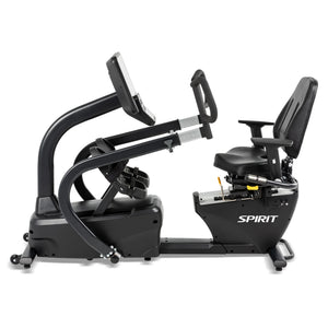 The Spirit Fitness CRS800S Recumbent Seated Stepper by Spirit Fitness is a black exercise machine with a seat, backrest, handlebars, foot pedals, and digital display console, shown on a white background.