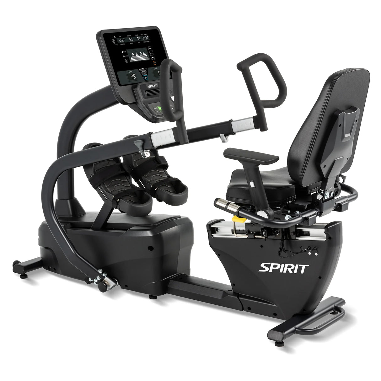 The Spirit Fitness CRS800S Recumbent Seated Stepper features a large digital display, adjustable seat with backrest, and foot pedals with straps.