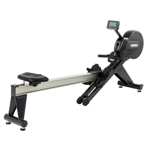 The Spirit Fitness CRW800 Rower by Spirit Fitness is a black and silver indoor rowing machine featuring a digital display, footrests, and a sliding seat for effective home workouts.