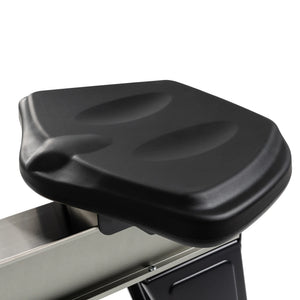 Close-up of the Spirit Fitness CRW800 Rower’s black contoured seat mounted on a metallic frame by Spirit Fitness, featuring ergonomic grooves and a sleek, modern design for comfortable rowing workouts.
