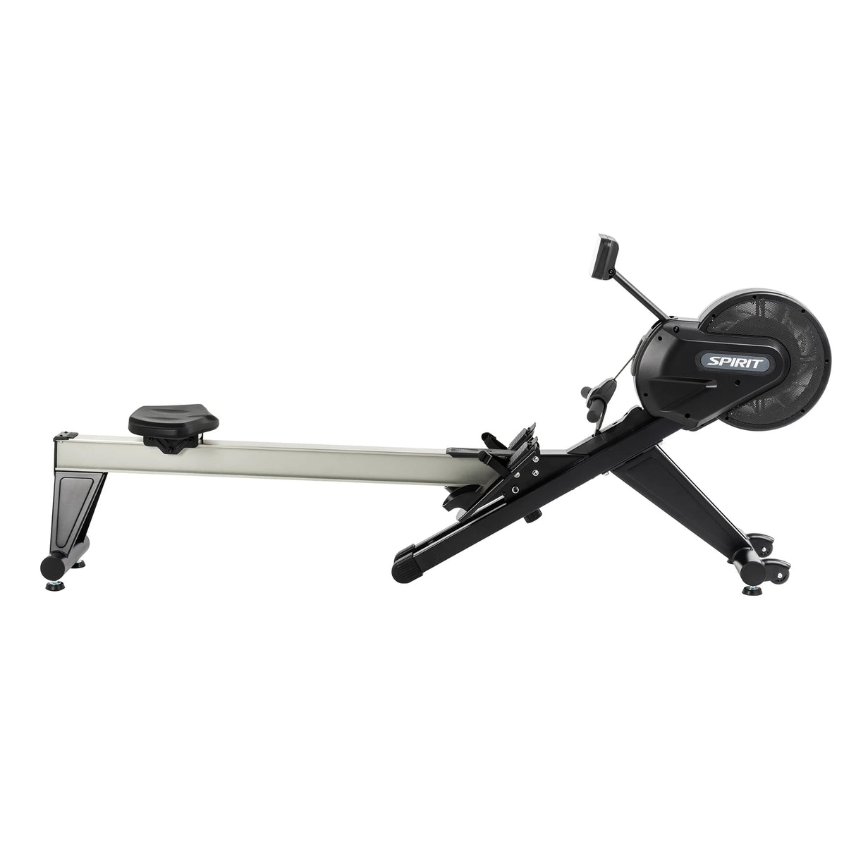 The Spirit Fitness CRW800 Rower by Spirit Fitness is an indoor cardio machine featuring a flywheel, seat, and footrests with a sleek silver and black frame.