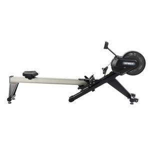 The Spirit Fitness CRW800 Rower by Spirit Fitness is an indoor cardio machine featuring a flywheel, seat, and footrests with a sleek silver and black frame.