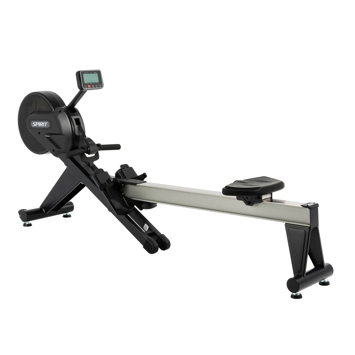 The Spirit Fitness CRW800 Rower by Spirit Fitness is shown on a white background, featuring a black and silver design with a digital monitor, sliding seat, and footrests.
