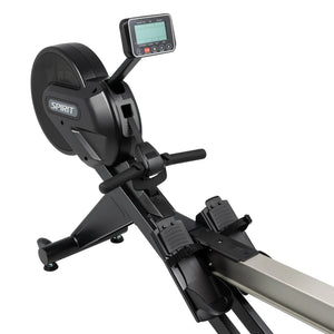The Spirit Fitness CRW800 Rower by Spirit Fitness is shown from an angled front view on a white background, featuring a digital display, footrests, and handles.