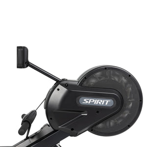 Close-up of a black Spirit Fitness CRW800 Rower, highlighting the flywheel, handle, and monitor arm with the Spirit Fitness logo visible on the flywheel housing against a white background.