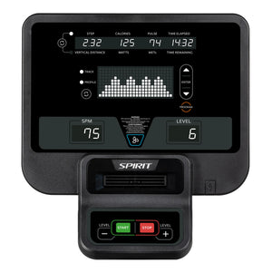 The Spirit Fitness CS800 Stepper by Spirit Fitness features a digital display panel showing step count, calories, pulse, time elapsed, SPM (75), resistance level (6), plus large START and STOP buttons at the bottom.