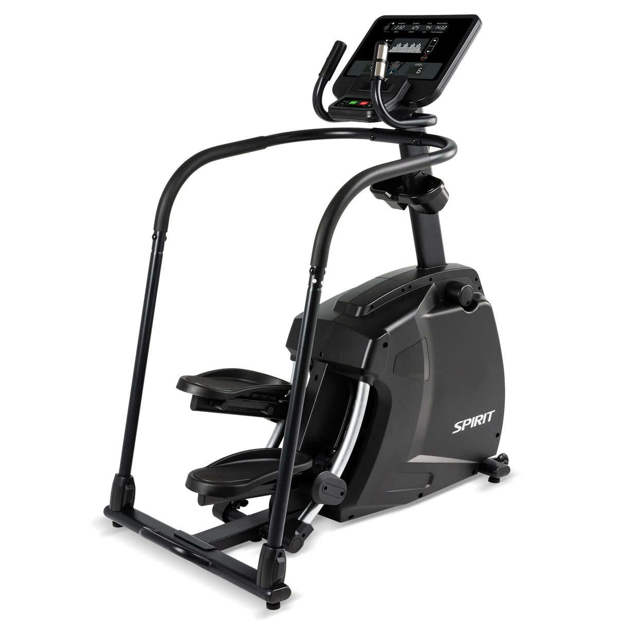 The Spirit Fitness CS800 Stepper by Spirit Fitness is a black cardio machine featuring foot pedals, handlebars, and a digital display, shown at an angle to highlight its sturdy build and modern control panel.