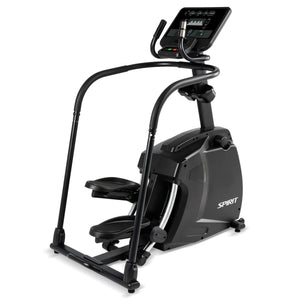 The Spirit Fitness CS800 Stepper by Spirit Fitness is a black cardio machine featuring foot pedals, handlebars, and a digital display, shown at an angle to highlight its sturdy build and modern control panel.