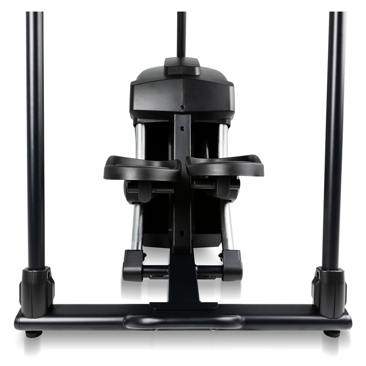 Front view of the Spirit Fitness CS800 Stepper by Spirit Fitness, highlighting the black foot pedals and base, with upright handles on both sides, set against a white background.