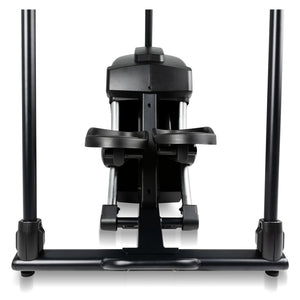 Front view of the Spirit Fitness CS800 Stepper by Spirit Fitness, highlighting the black foot pedals and base, with upright handles on both sides, set against a white background.