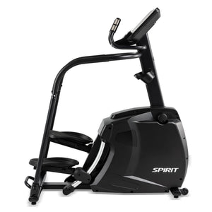 A side view of the Spirit Fitness CS800 Stepper by Spirit Fitness is shown. This black stepper features a digital screen, handlebars, and large foot pedals, ideal for effective indoor cardiovascular workouts.