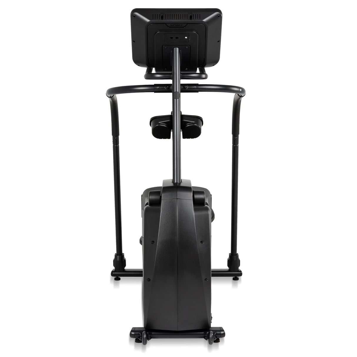 Rear view of a Spirit Fitness CS800 Stepper by Spirit Fitness, featuring a digital display screen, handlebars, and pedals, set against a white background.