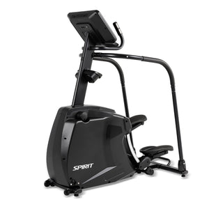 The Spirit Fitness CS800 Stepper by Spirit Fitness is a black indoor cardio machine featuring a digital display, sturdy handlebars, and textured foot pedals.