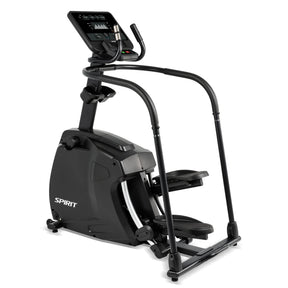The Spirit Fitness CS800 Stepper by Spirit Fitness is a black indoor exercise machine with foot pedals, handlebars, and a digital display screen for effective fitness workouts.