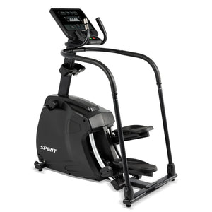 The Spirit Fitness CS800 Stepper by Spirit Fitness is a black indoor exercise machine with foot pedals, handlebars, and a digital display screen for effective fitness workouts.