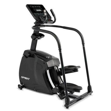 The Spirit Fitness CS800 Stepper by Spirit Fitness is a black indoor exercise machine with foot pedals, handlebars, and a digital display screen for effective fitness workouts.
