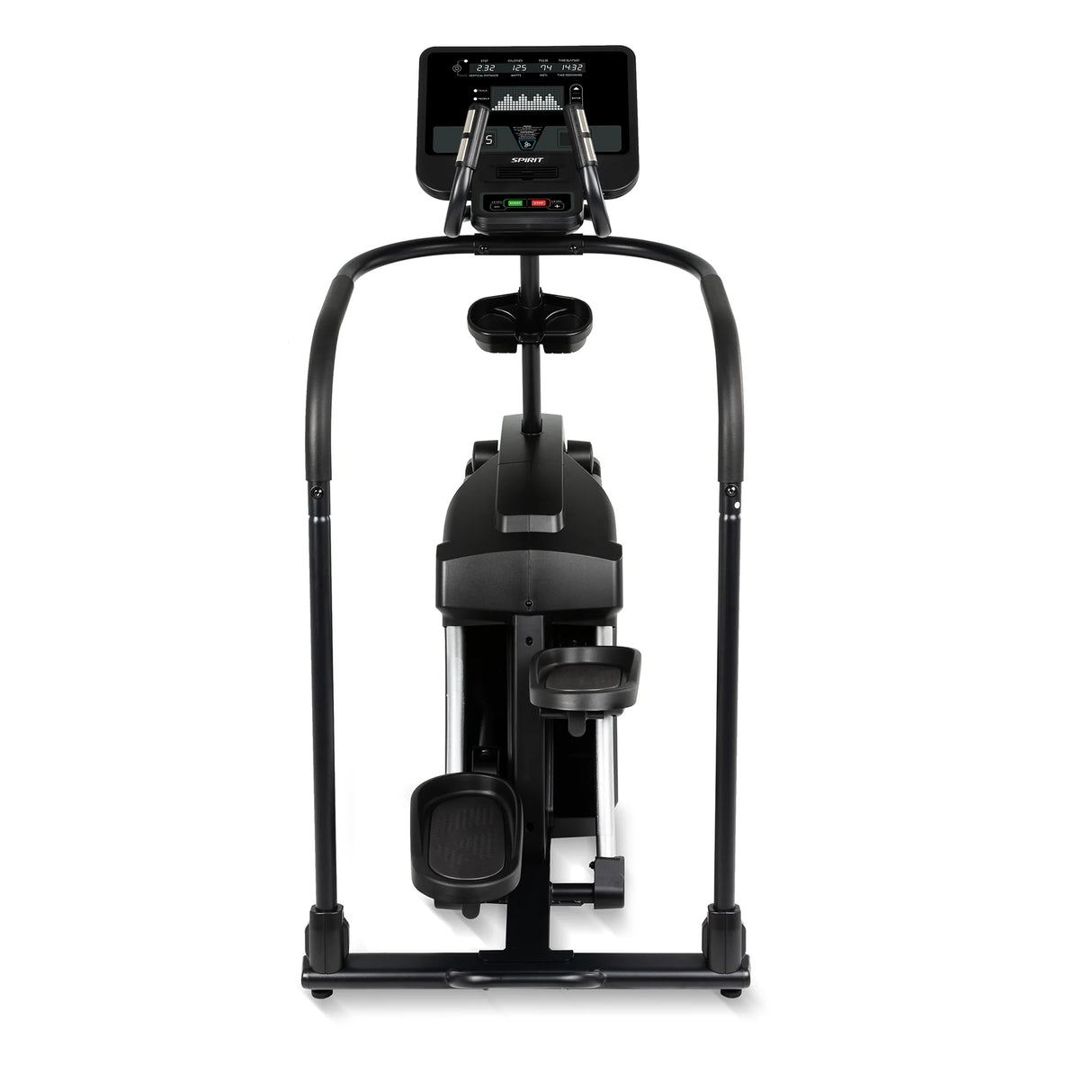 Front view of the Spirit Fitness CS800 Stepper by Spirit Fitness, a black elliptical exercise machine featuring pedals, handles, and a digital display console.