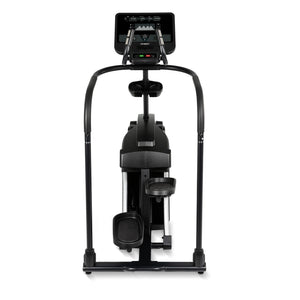 Front view of the Spirit Fitness CS800 Stepper by Spirit Fitness, a black elliptical exercise machine featuring pedals, handles, and a digital display console.