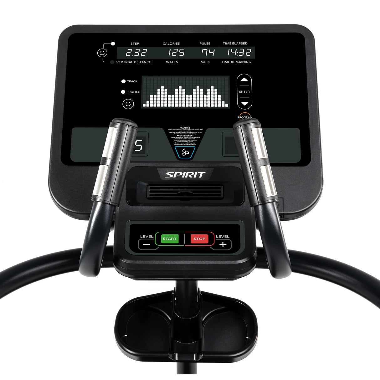 Close-up of the Spirit Fitness CS800 Stepper console by Spirit Fitness, showing workout data like steps, calories, pulse, and time. Control buttons for start, stop, level adjustment, and handlebars are visible in the foreground.