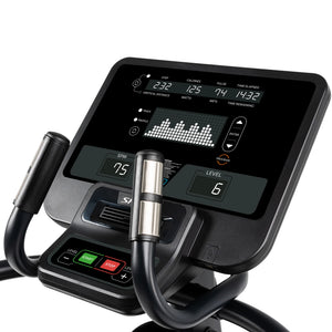 Close-up of the Spirit Fitness CS800 Stepper console by Spirit Fitness, showing workout data like steps, calories, pulse, time, SPM (75), and level (6). Console includes start, stop, mode buttons and side handlebars.