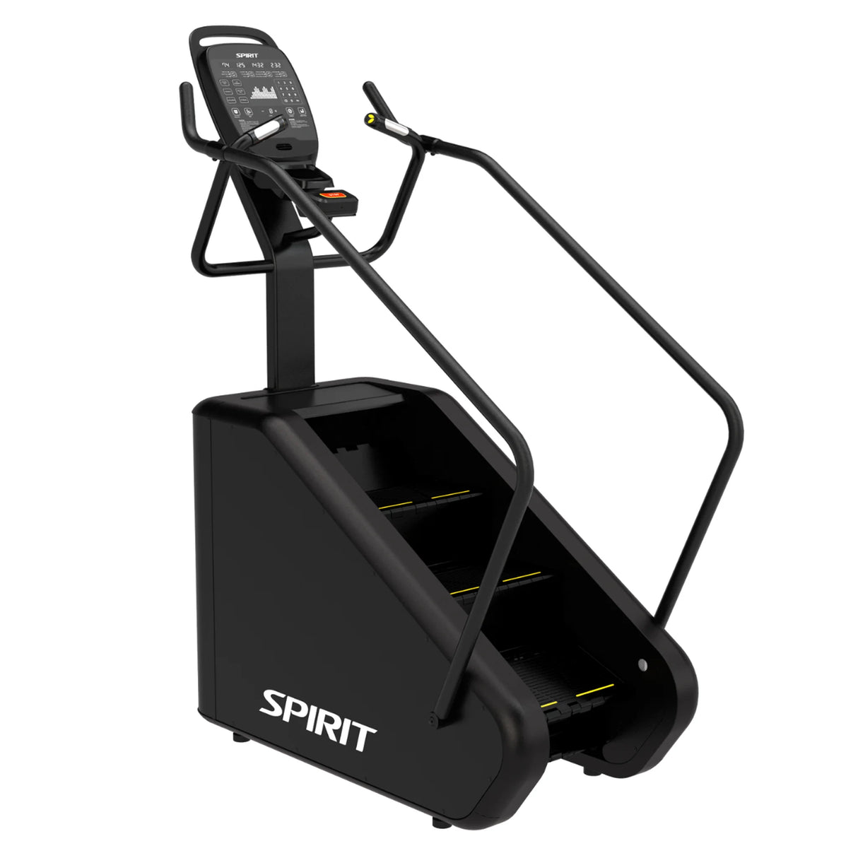 Front three-quarter view of the Spirit Fitness CSC880 Stair Climber showing the console, dual handrails, and stepped climbing deck.