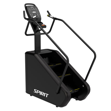 Front three-quarter view of the Spirit Fitness CSC880 Stair Climber showing the console, dual handrails, and stepped climbing deck.