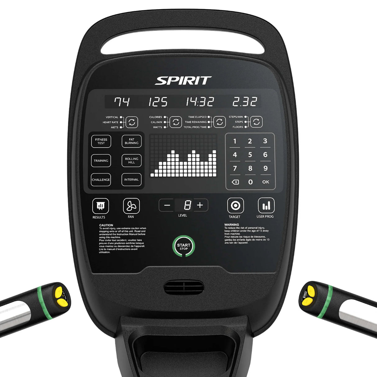 Close-up of the Spirit Fitness CSC880 Stair Climber console showing workout metrics, program buttons, and a numeric keypad.