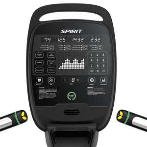 Close-up of the Spirit Fitness CSC880 Stair Climber console showing workout metrics, program buttons, and a numeric keypad.