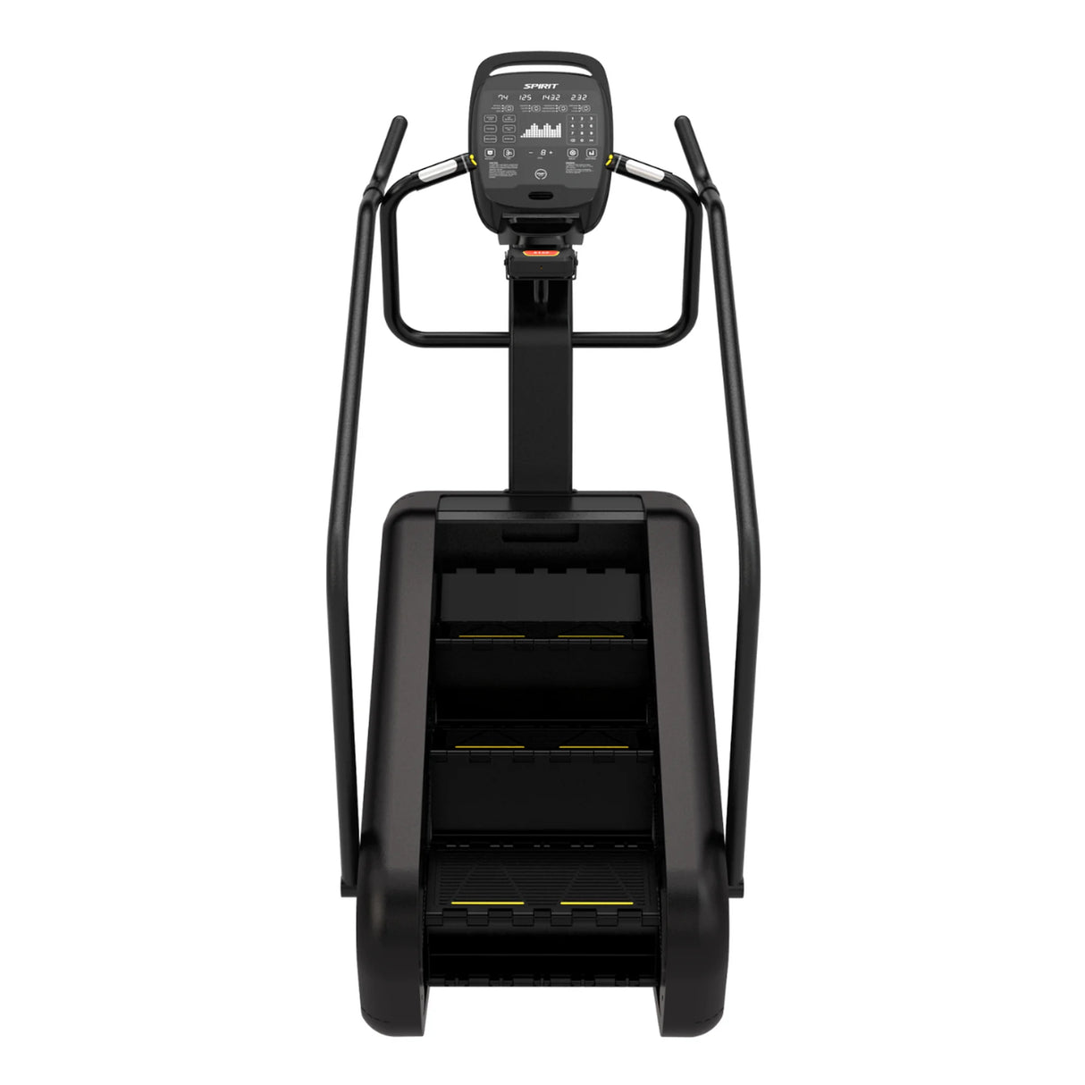 Straight-on front view of the Spirit Fitness CSC880 Stair Climber showing the console and full stepped deck.