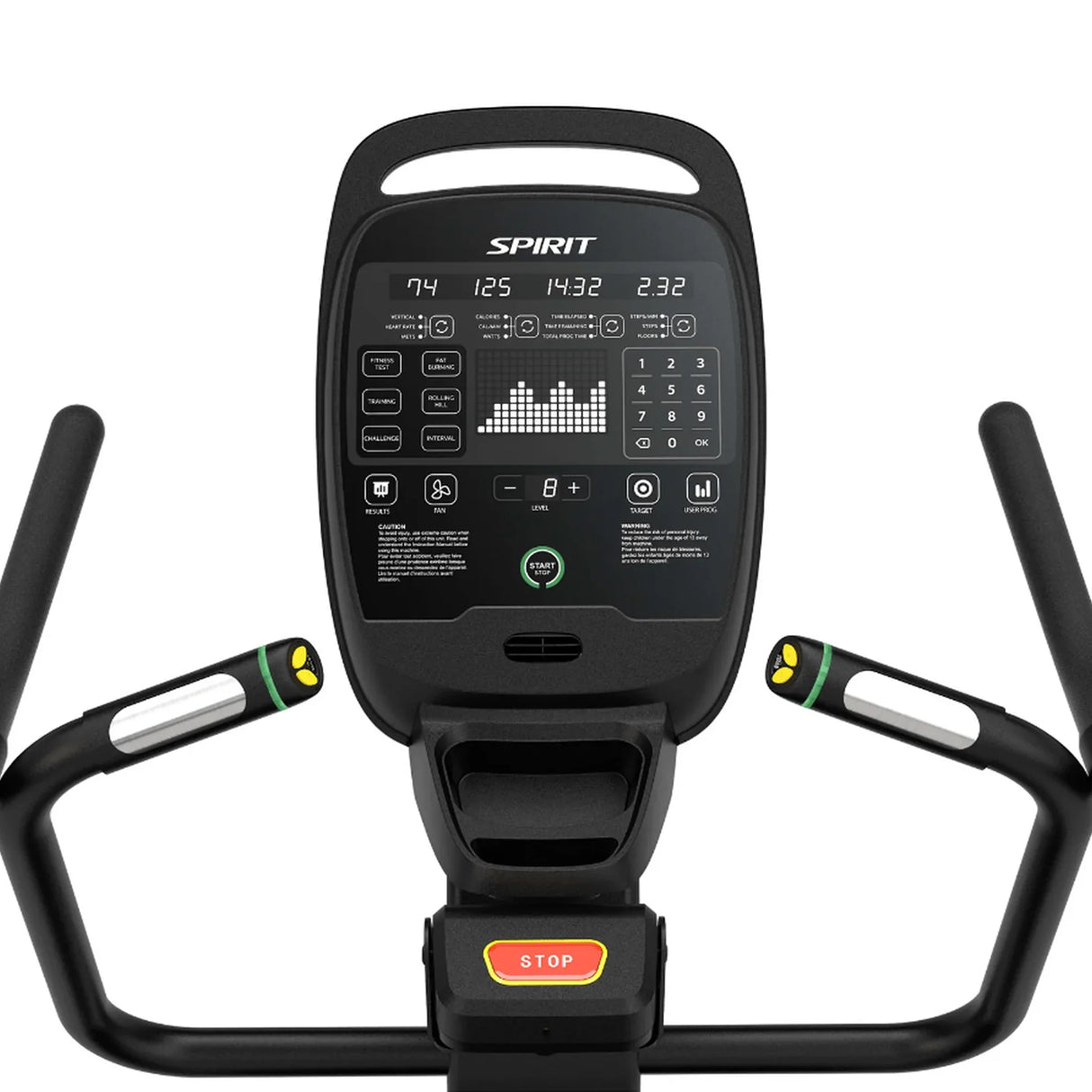 Close-up of the Spirit Fitness CSC880 Stair Climber console and handlebar grips with the Stop button visible below.