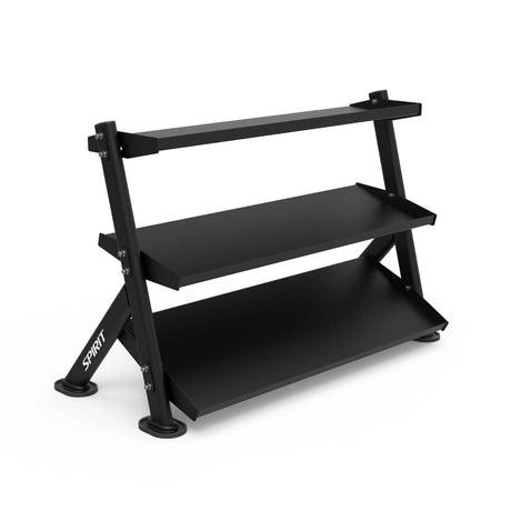 Front three-quarter view of the Spirit Fitness CSF-3TDB 3-Tier Adjustable Dumbbell Rack showing all three storage shelves on a black frame.
