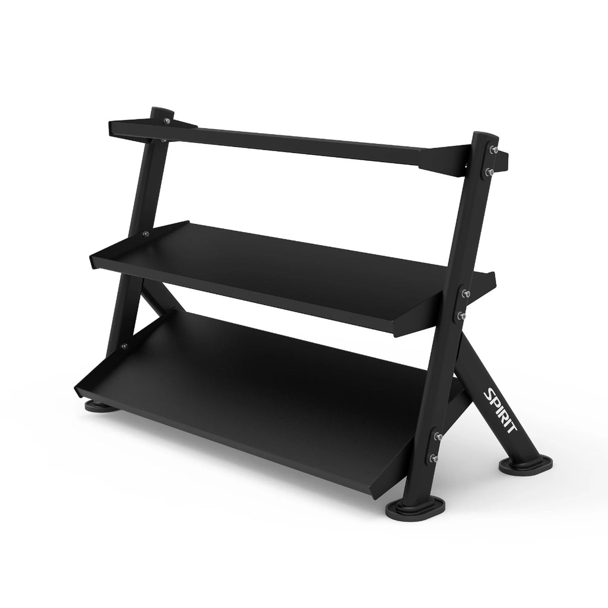 Opposite angled view of the Spirit Fitness CSF-3TDB 3-Tier Adjustable Dumbbell Rack showing the SPIRIT-branded frame leg.