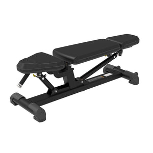 Angled view of the Spirit Fitness CSF-ADJB Adjustable Bench with backrest inclined, showing the adjustment linkage.