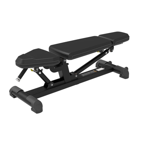 Angled view of the Spirit Fitness CSF-ADJB Adjustable Bench with backrest inclined, showing the adjustment linkage.