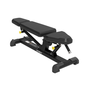 Angled view of the Spirit Fitness CSF-ADJB Adjustable Bench showing the SPIRIT-branded base rail and incline pin.