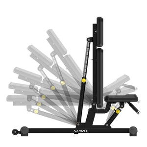 Side-view diagram of the Spirit Fitness CSF-ADJB Adjustable Bench highlighting the backrest adjustment pin and incline range.
