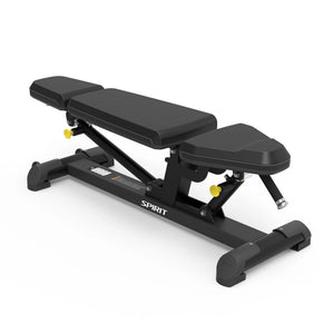 Angled view of the Spirit Fitness CSF-ADJB Adjustable Bench in flat position, showing the SPIRIT-branded base rail.