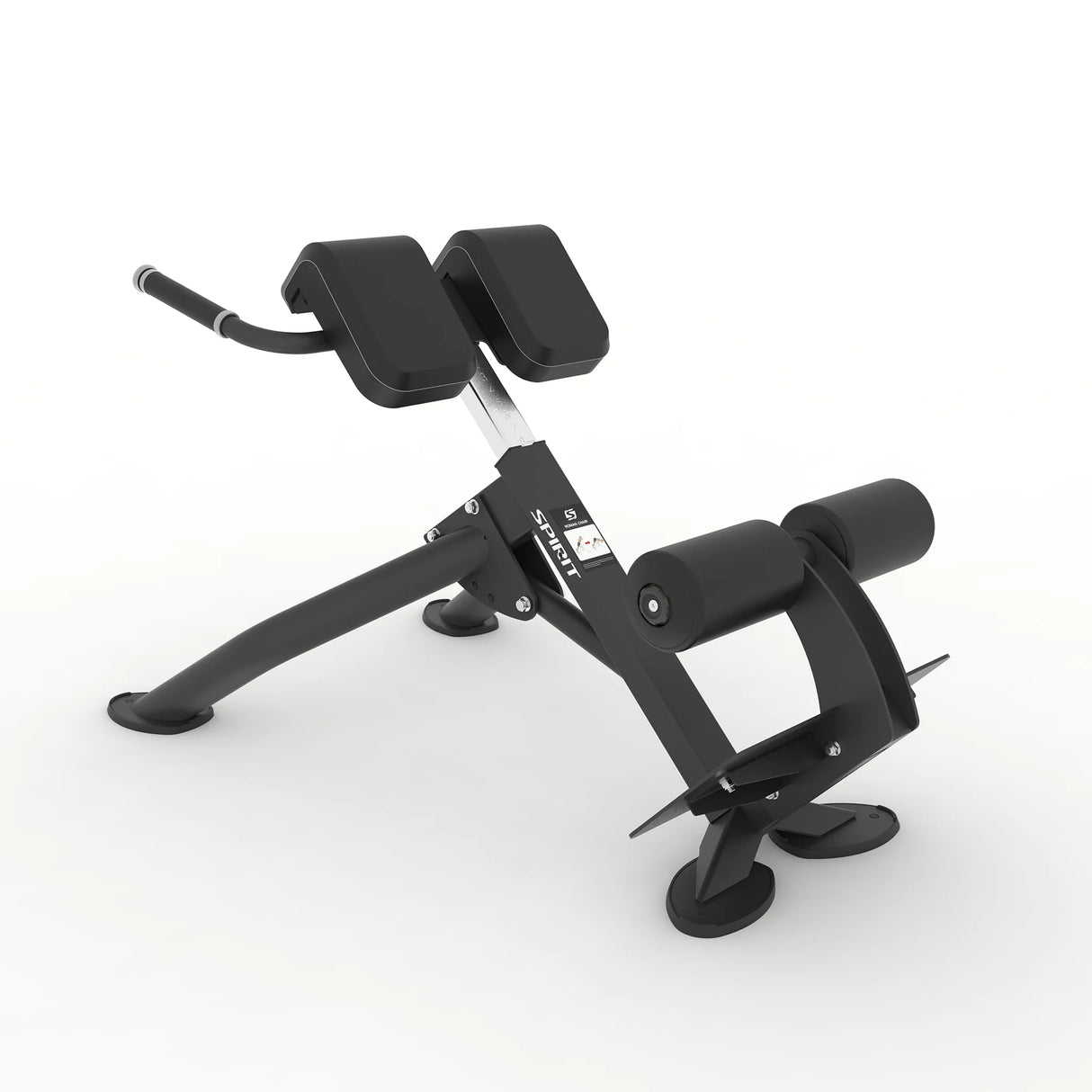 Angled view of the Spirit Fitness CSF-BEXT 45-Degree Back Extension showing the thigh pad, handlebar, and height-adjustment column on a black frame.