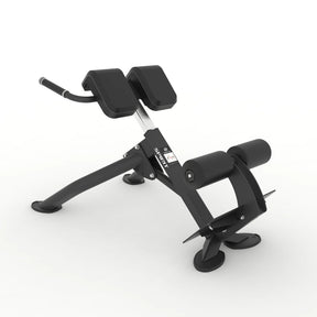 Angled view of the Spirit Fitness CSF-BEXT 45-Degree Back Extension showing the thigh pad, handlebar, and height-adjustment column on a black frame.