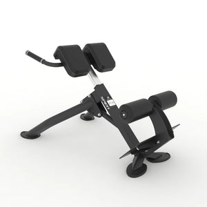 Angled view of the Spirit Fitness CSF-BEXT 45-Degree Back Extension showing the thigh pad, handlebar, and height-adjustment column on a black frame.
