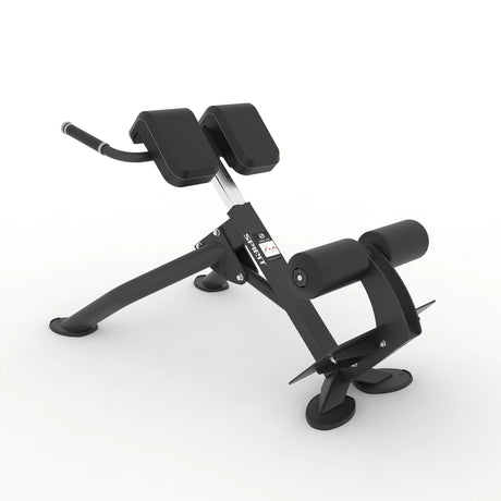 Angled view of the Spirit Fitness CSF-BEXT 45-Degree Back Extension showing the thigh pad, handlebar, and height-adjustment column on a black frame.
