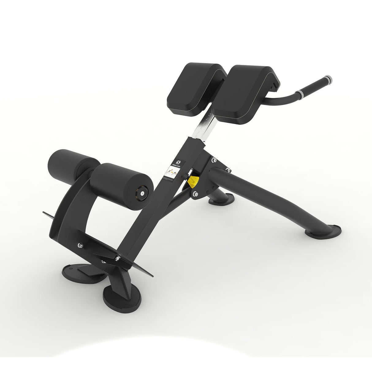 Rear angled view of the Spirit Fitness CSF-BEXT 45-Degree Back Extension showing the ankle roller pads and adjustable height column.
