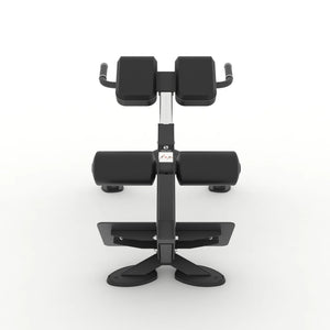 Front view of the Spirit Fitness CSF-BEXT 45-Degree Back Extension showing the thigh pads, ankle rollers, footplate, and cross-shaped base.