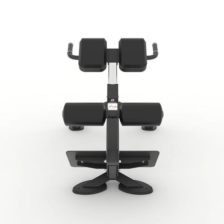 Front view of the Spirit Fitness CSF-BEXT 45-Degree Back Extension showing the thigh pads, ankle rollers, footplate, and cross-shaped base.