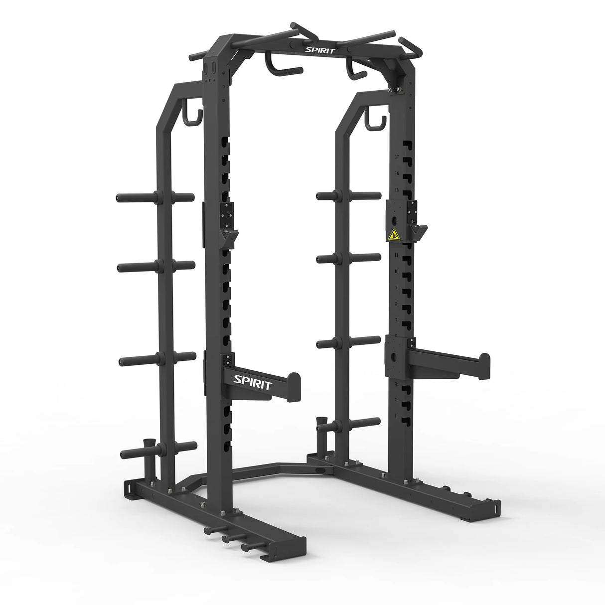 Angled view of the Spirit Fitness CSF-HRAC Half Rack showing the pull-up bars, J-hooks, weight-plate storage horns, and safety spotter arms.