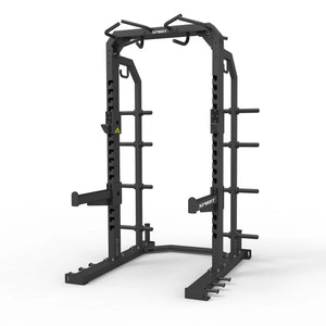 Rear angled view of the Spirit Fitness CSF-HRAC Half Rack showing the numbered uprights, weight-plate pegs, and spotter arms.
