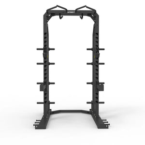 Front view of the Spirit Fitness CSF-HRAC Half Rack showing the pull-up bar, J-hooks, dual uprights, and weight-storage pegs on a stable base.
