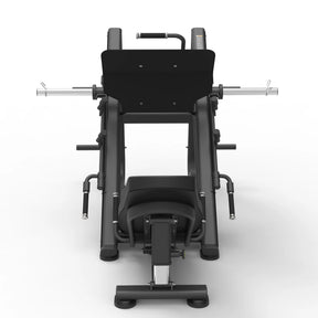 Rear view of the Spirit Fitness CSF-LEGP 45-Degree Leg Press showing the footplate, weight-loading sleeves, and handgrips on a black frame.