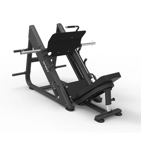 Angled view of the Spirit Fitness CSF-LEGP 45-Degree Leg Press showing the inclined sled, padded seat, and weight-storage pegs.
