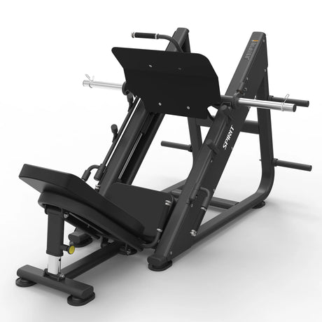 Opposite-angle view of the Spirit Fitness CSF-LEGP 45-Degree Leg Press showing the footplate, seat back, and loaded weight sleeves.
